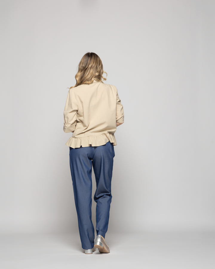 Blusa Mujer Cala Camisera Lisa Con Volante En Basta Blanca Beige Ludovica