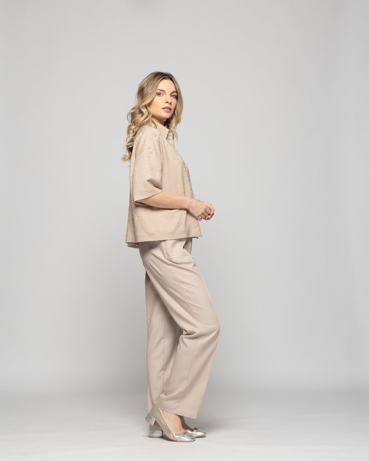 Blusa Mujer Cineraria Camisera Bordada Manga Corta Beige Ludovica