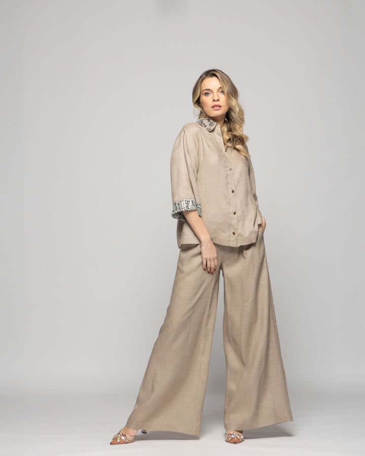 Blusa Mujer Fresia Viscosa Lino Mangas 3/4 Detalle Lentejuelas Beige Ludovica