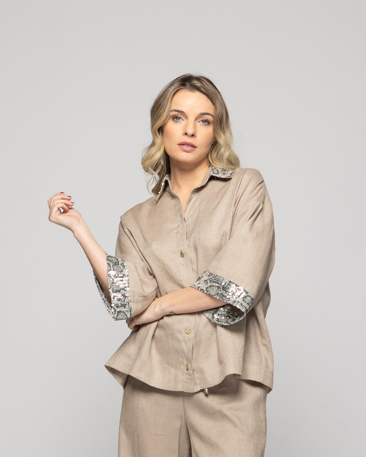 Blusa Mujer Fresia Viscosa Lino Mangas 3/4 Detalle Lentejuelas Beige Ludovica
