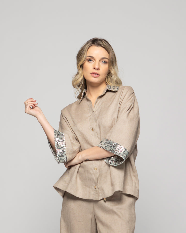 Blusa Mujer Fresia Viscosa Lino Mangas 3/4 Detalle Lentejuelas Beige Ludovica