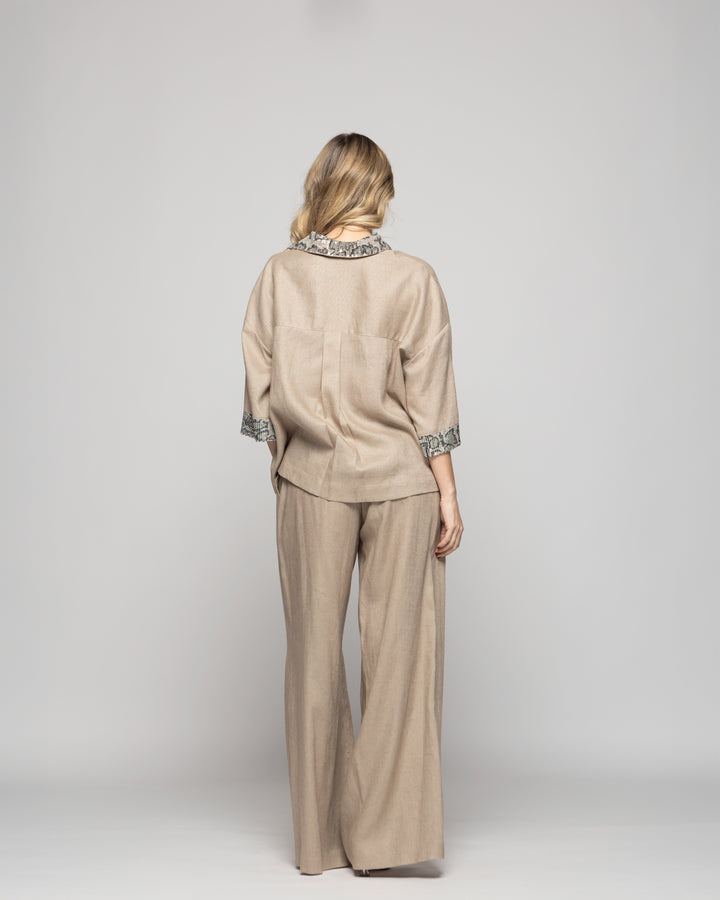 Blusa Mujer Fresia Viscosa Lino Mangas 3/4 Detalle Lentejuelas Beige Ludovica