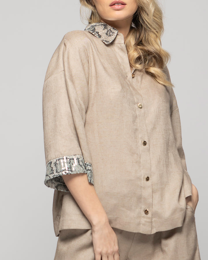 Blusa Mujer Fresia Viscosa Lino Mangas 3/4 Detalle Lentejuelas Beige Ludovica