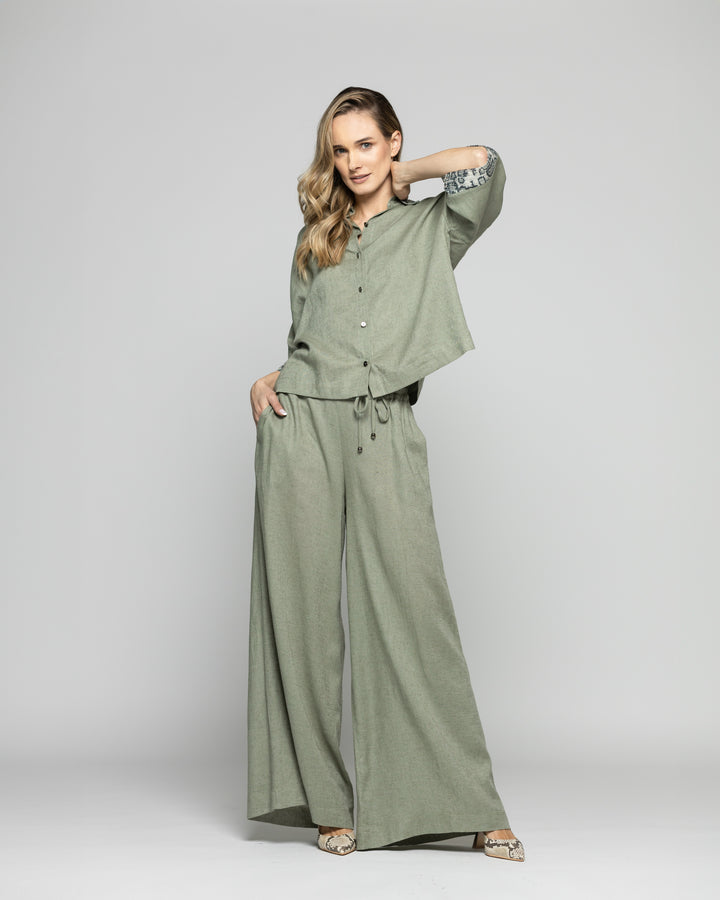 Blusa Mujer Fresia Viscosa Lino Mangas 3/4 Detalle Lentejuelas Verde Militar Ludovica