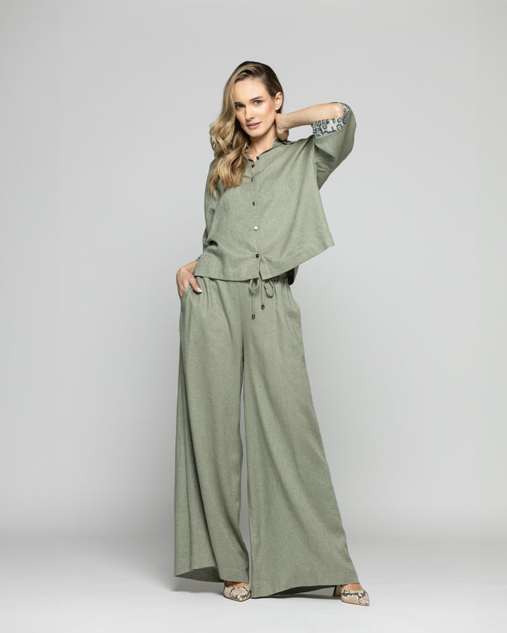 Blusa Mujer Fresia Viscosa Lino Mangas 3/4 Detalle Lentejuelas Verde Militar Ludovica