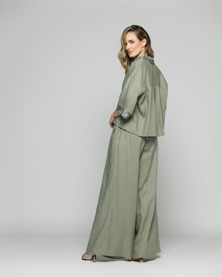 Blusa Mujer Fresia Viscosa Lino Mangas 3/4 Detalle Lentejuelas Verde Militar Ludovica