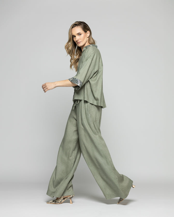 Blusa Mujer Fresia Viscosa Lino Mangas 3/4 Detalle Lentejuelas Verde Militar Ludovica