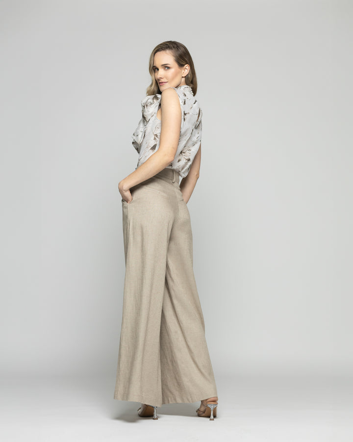 Blusa Mujer Gazania Sin Mangas Lazo Pañuelo Estampado Beige Ludovica