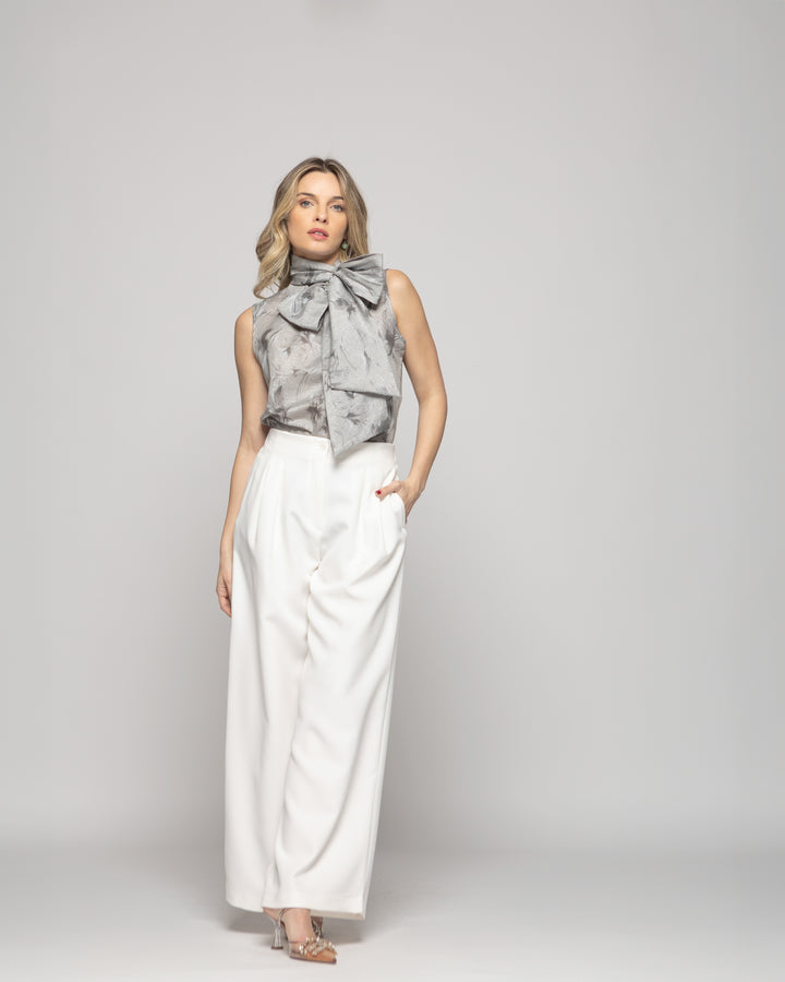 Blusa Mujer Gazania Sin Mangas Lazo Pañuelo Estampado Gris Perla Ludovica