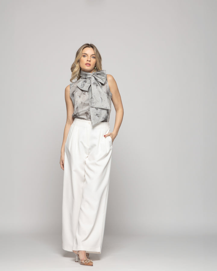 Blusa Mujer Gazania Sin Mangas Lazo Pañuelo Estampado Gris Perla Ludovica