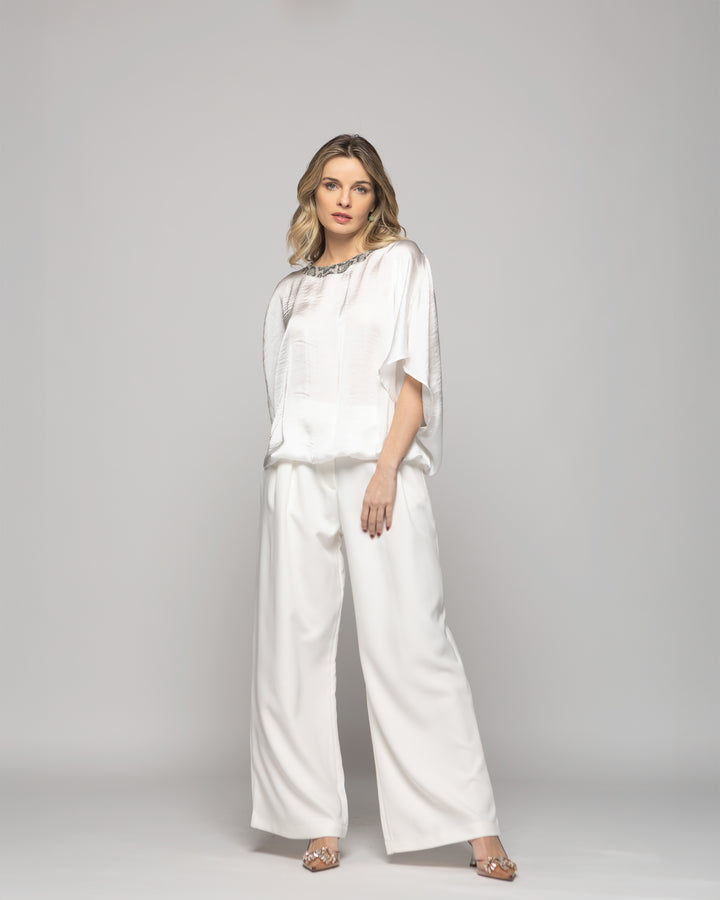 Blusa Mujer Girasol Satinada Detalle Lentejuelas Blanca Crudo Ludovica