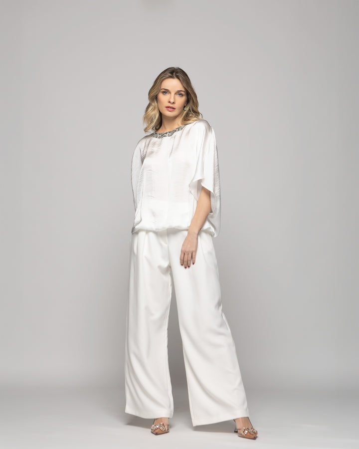 Blusa Mujer Girasol Satinada Detalle Lentejuelas Blanca Crudo Ludovica