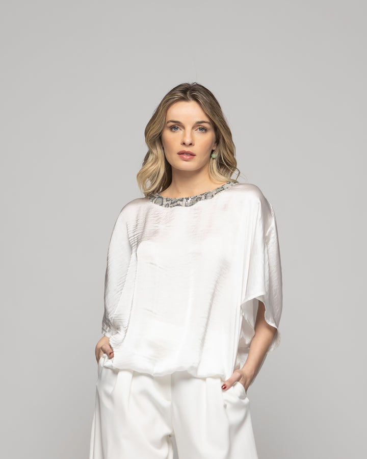Blusa Mujer Girasol Satinada Detalle Lentejuelas Blanca Crudo Ludovica