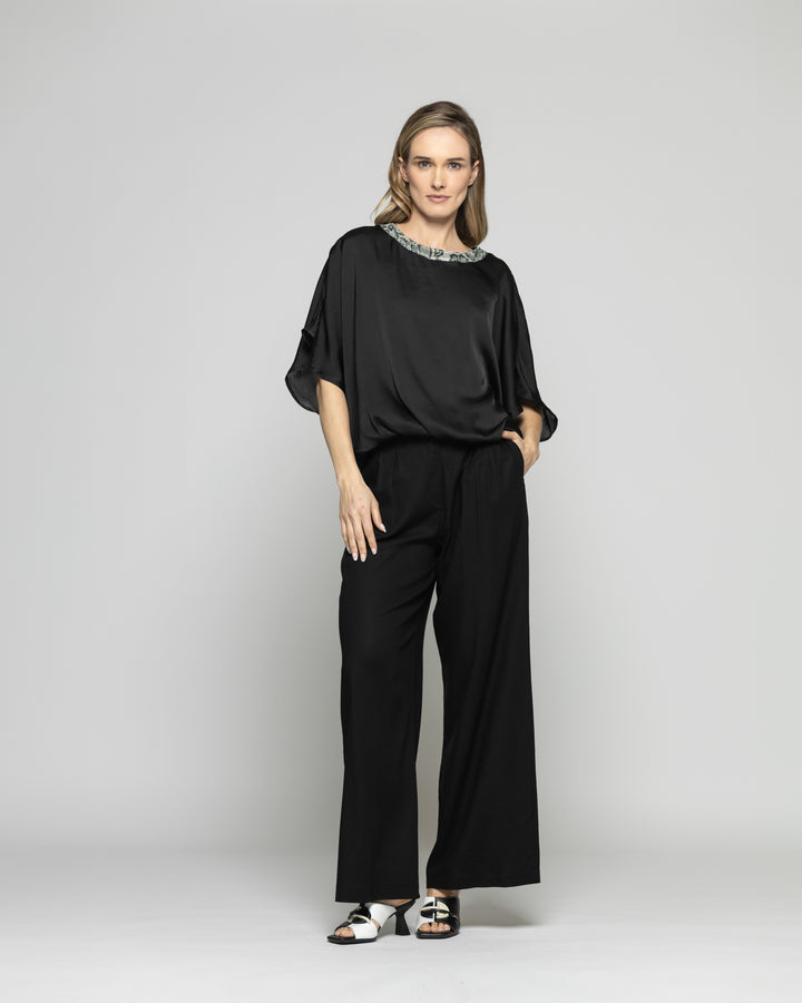 Blusa Mujer Girasol Satinada Detalle Lentejuelas Negra Ludovica