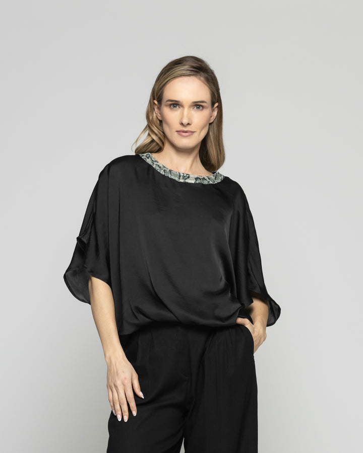 Blusa Mujer Girasol Satinada Detalle Lentejuelas Negra Ludovica