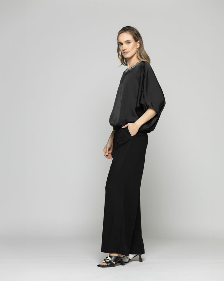 Blusa Mujer Girasol Satinada Detalle Lentejuelas Negra Ludovica