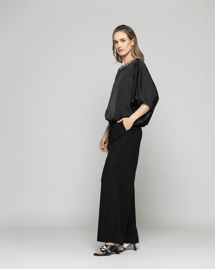 Blusa Mujer Girasol Satinada Detalle Lentejuelas Negra Ludovica