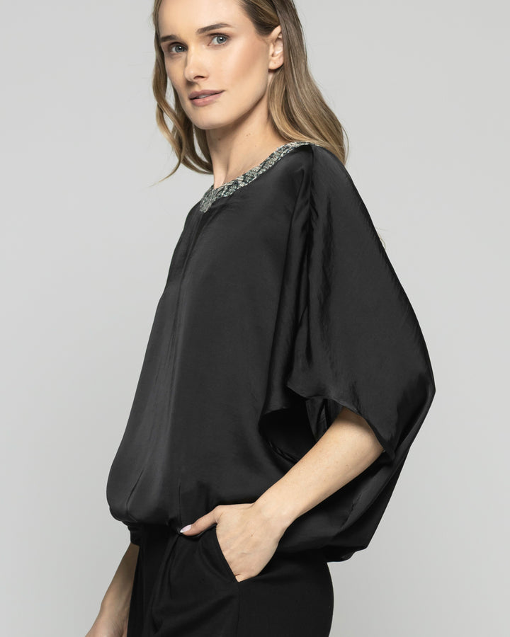 Blusa Mujer Girasol Satinada Detalle Lentejuelas Negra Ludovica