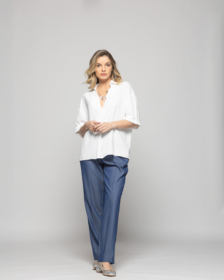 Blusa Mujer Gaura Escote V Con Cuello Media Manga Blanca Crudo Ludovica