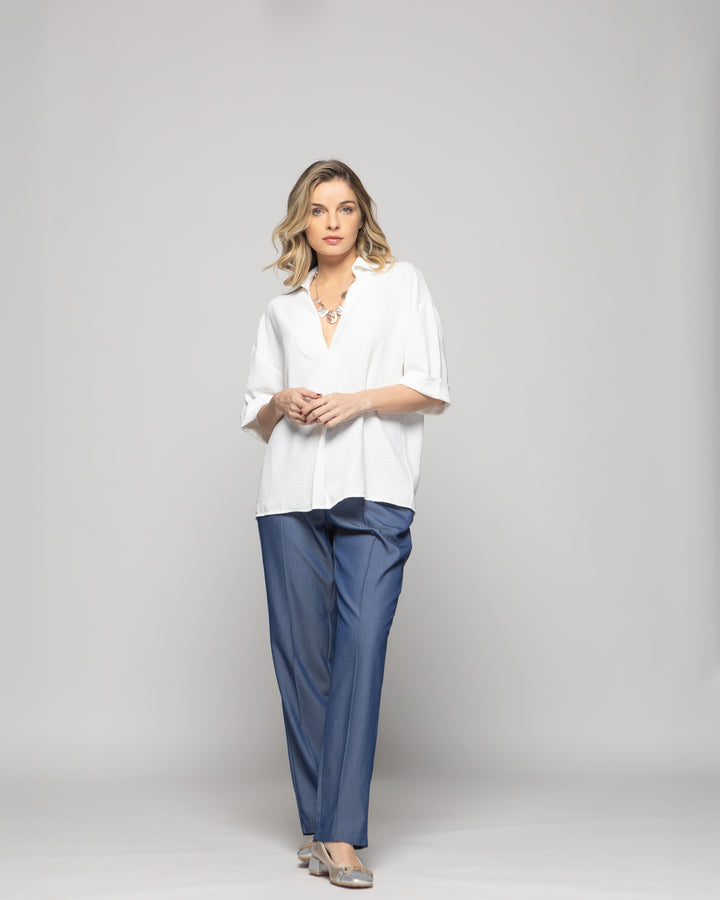 Blusa Mujer Gaura Escote V Con Cuello Media Manga Blanca Crudo Ludovica
