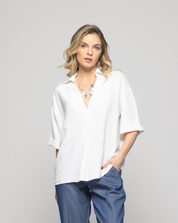 Blusa Mujer Gaura Escote V Con Cuello Media Manga Blanca Crudo Ludovica
