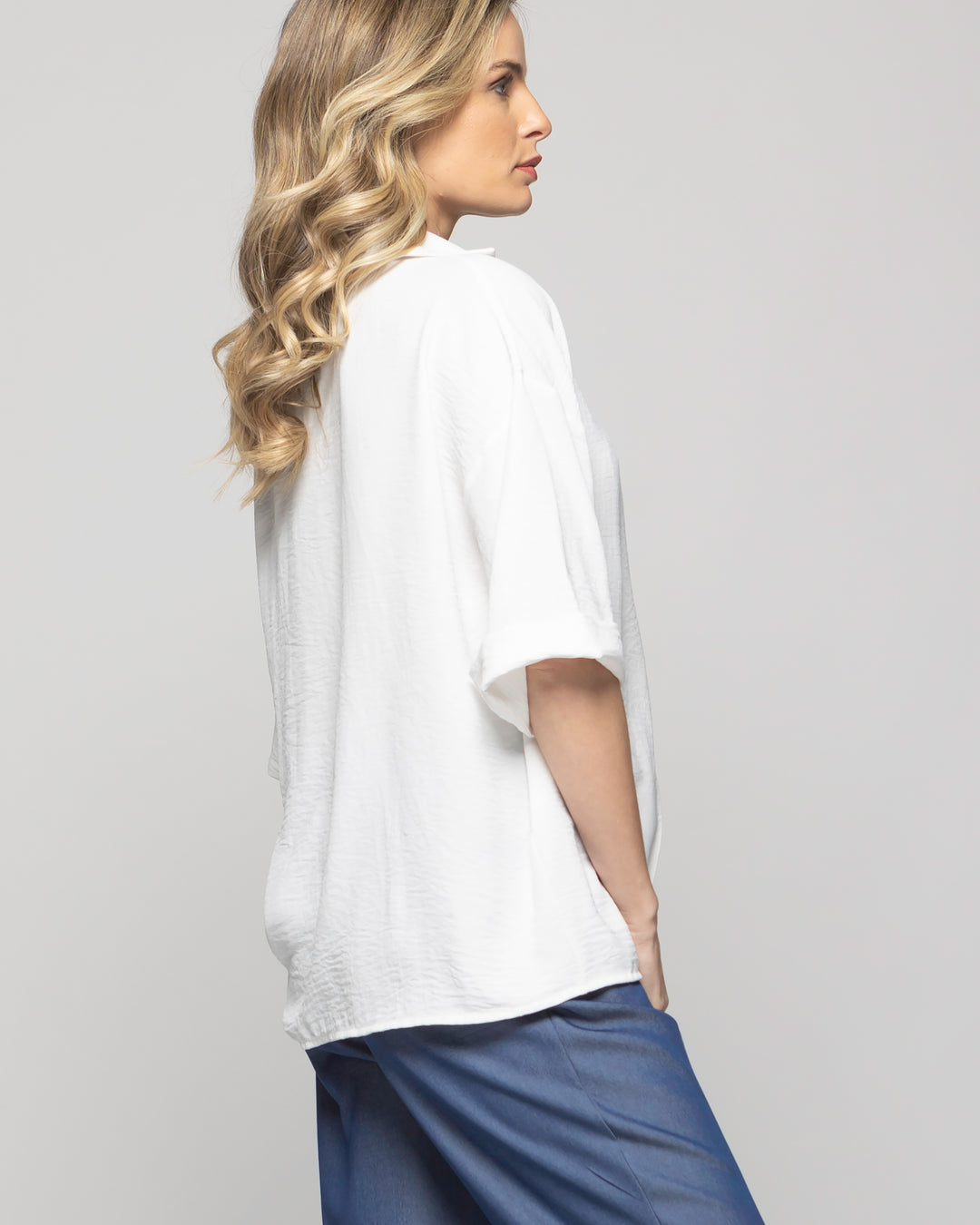 Blusa Mujer Gaura Escote V Con Cuello Media Manga Blanca Crudo Ludovica