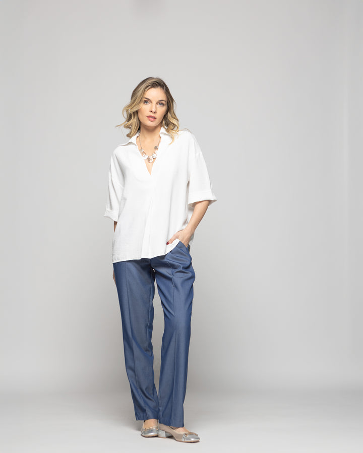 Blusa Mujer Gaura Escote V Con Cuello Media Manga Blanca Crudo Ludovica