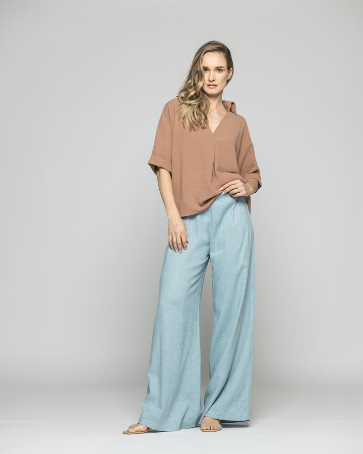 Blusa Mujer Gaura Escote V Con Cuello Media Manga Café Moka Ludovica