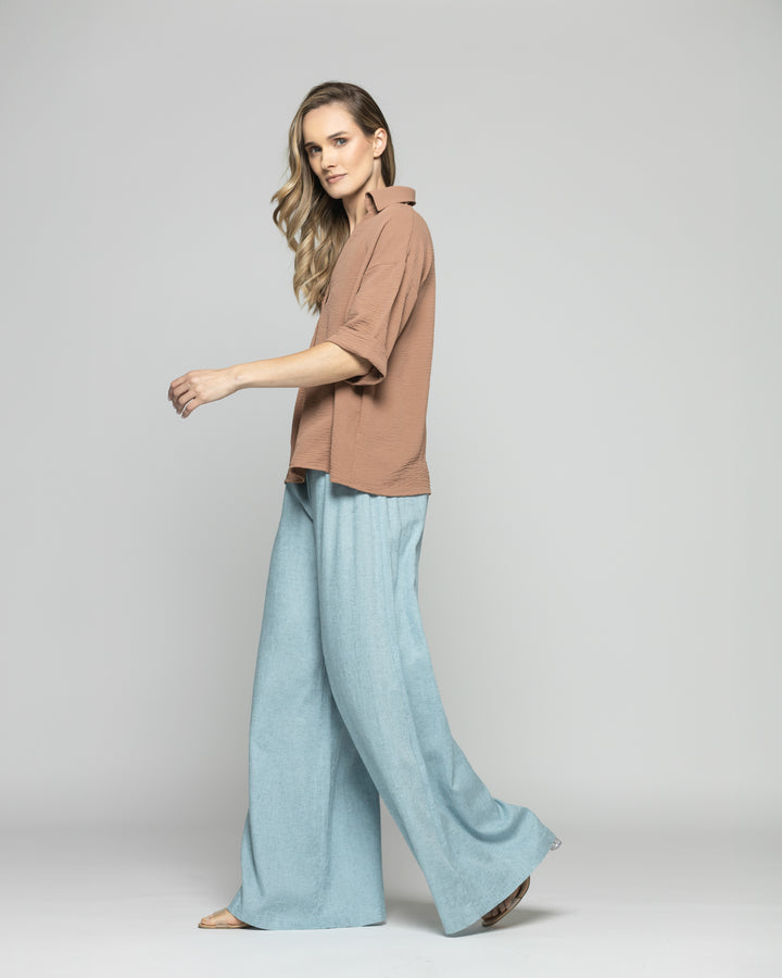 Blusa Mujer Gaura Escote V Con Cuello Media Manga Café Moka Ludovica