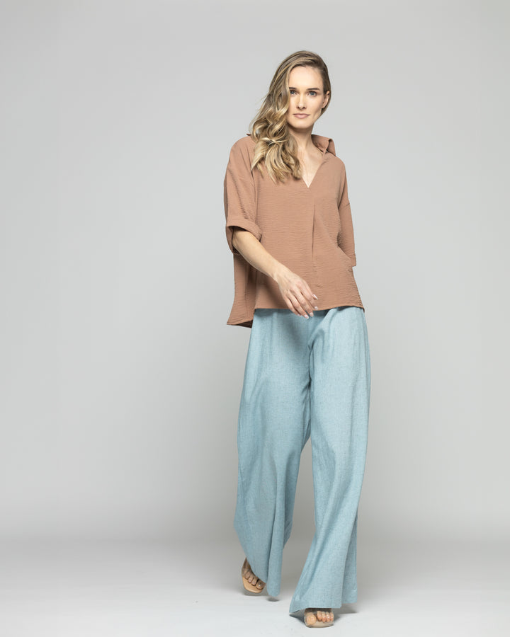 Blusa Mujer Gaura Escote V Con Cuello Media Manga Café Moka Ludovica