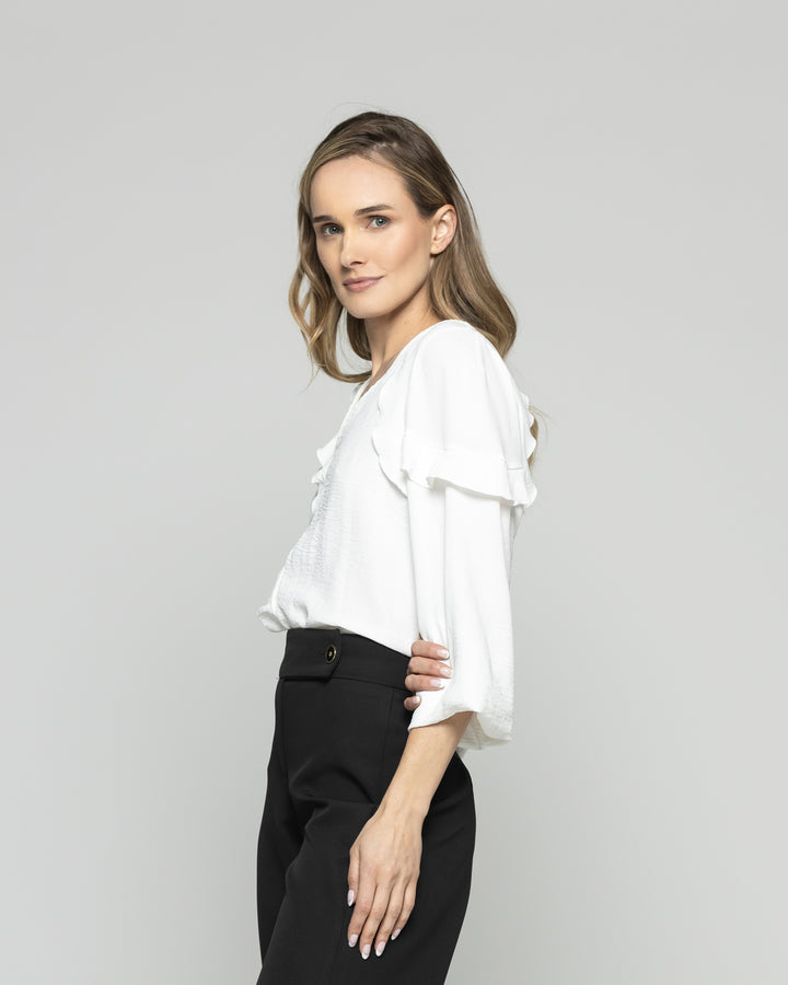 Blusa Mujer Eucomis Escote V Volantes Mangas 3/4 Blanca Crudo Ludovica