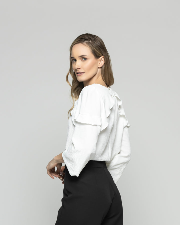 Blusa Mujer Eucomis Escote V Volantes Mangas 3/4 Blanca Crudo Ludovica