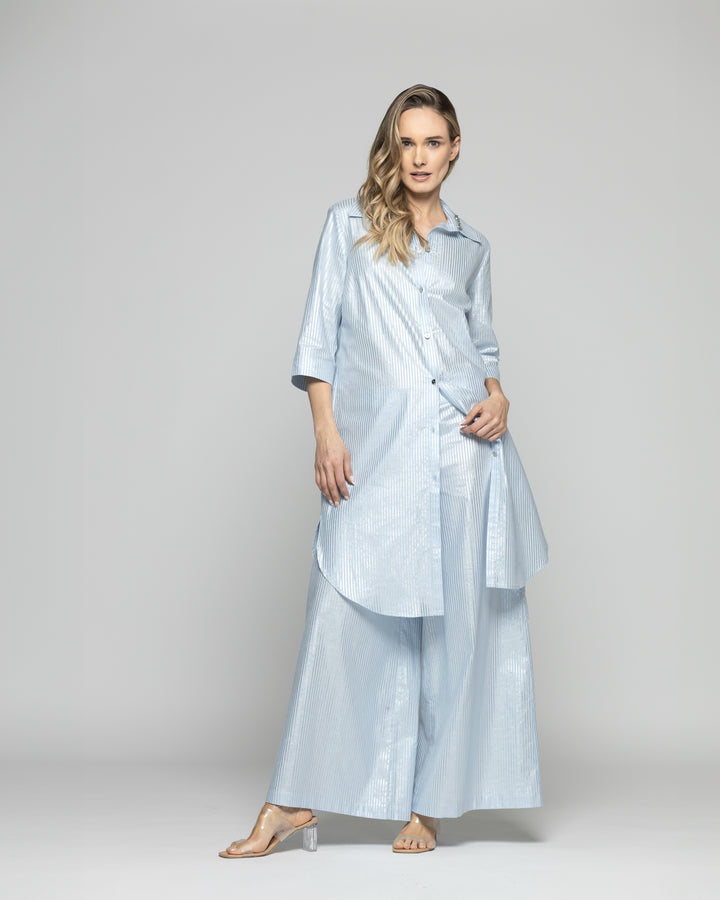 Blusón Mujer Forsythia Camisero Algodón Satinado Rayas Celeste Ludovica