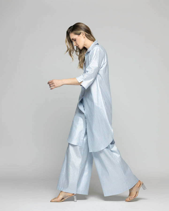 Blusón Mujer Forsythia Camisero Algodón Satinado Rayas Celeste Ludovica