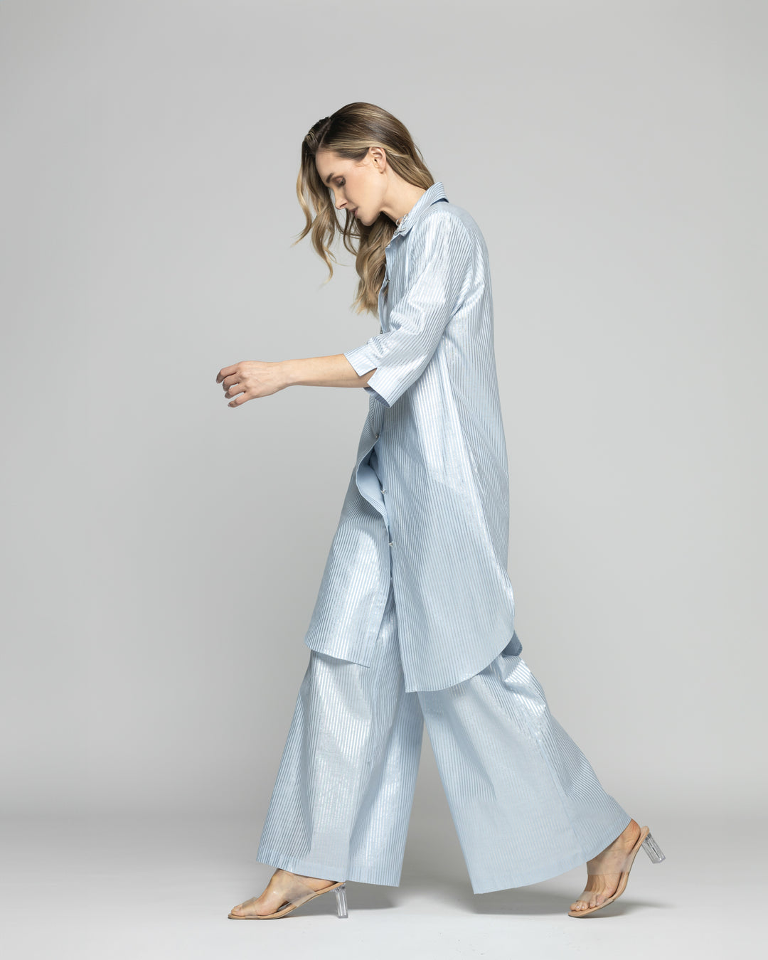 Blusón Mujer Forsythia Camisero Algodón Satinado Rayas Celeste Ludovica