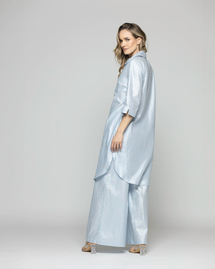 Blusón Mujer Forsythia Camisero Algodón Satinado Rayas Celeste Ludovica