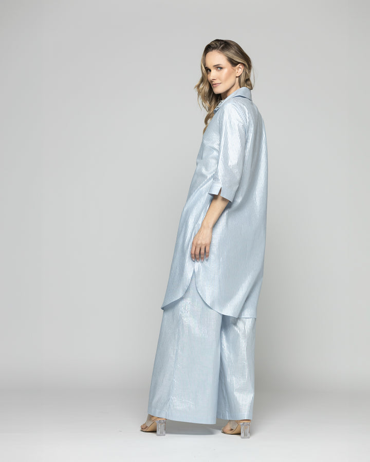 Blusón Mujer Forsythia Camisero Algodón Satinado Rayas Celeste Ludovica
