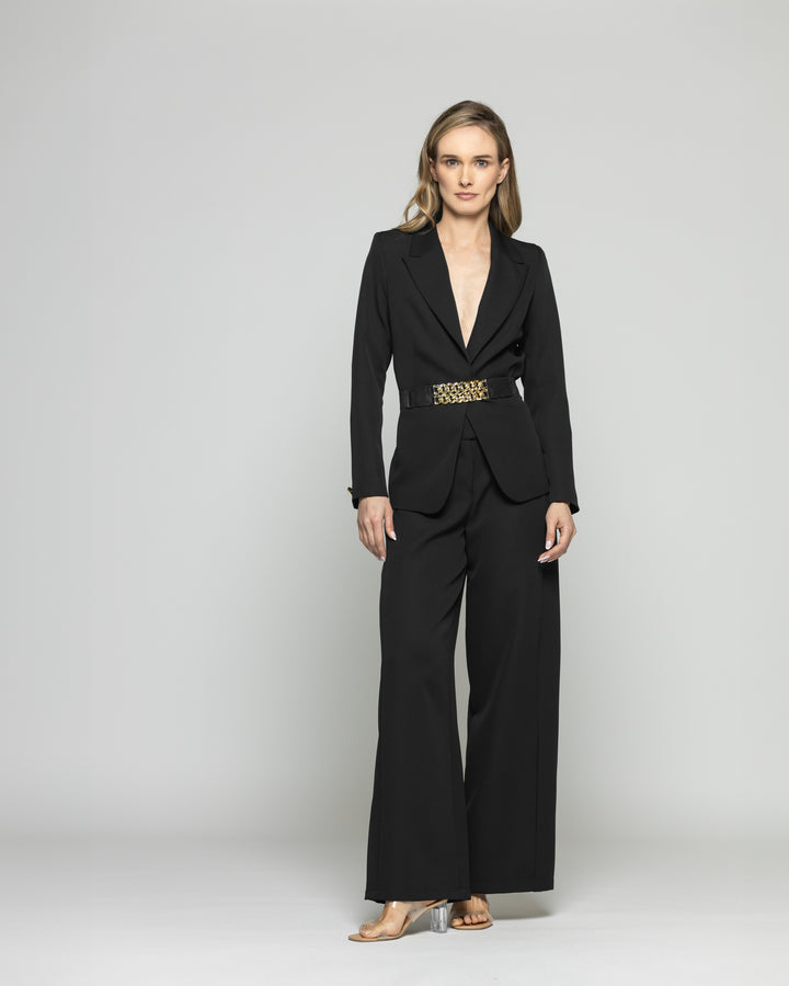 Blazer Mujer Hibisco Clásico Con Cinturón Negro Ludovica