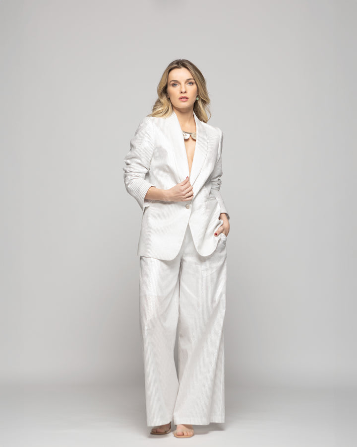 Blazer Mujer Iris Largo Clásico Algodón Folia Blanco Ludovica