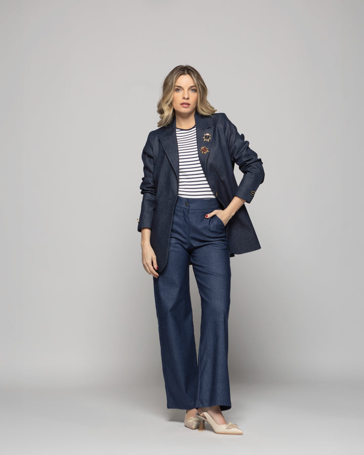 Blazer Mujer Jacarandá Clásico Con Prendedores Denim Azul Ludovica