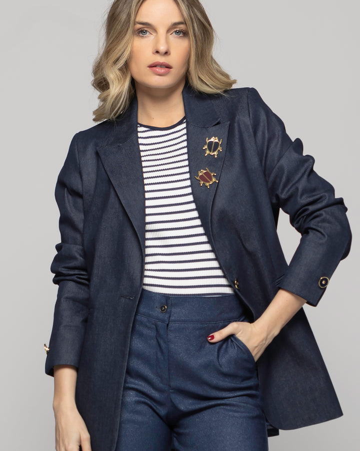 Blazer Mujer Jacarandá Clásico Con Prendedores Denim Azul Ludovica
