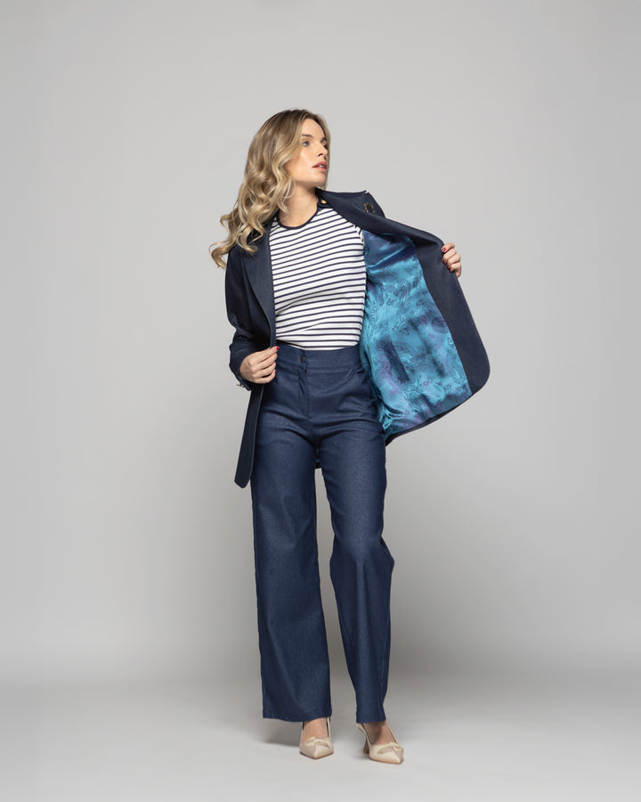 Blazer Mujer Jacarandá Clásico Con Prendedores Denim Azul Ludovica