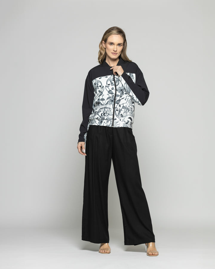 Chaqueta Mujer Lupino Bomber Estampado Botánico Negro Ludovica