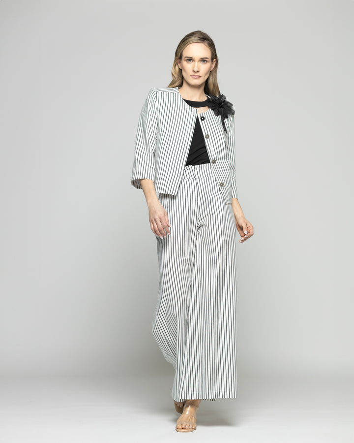 Blazer Mujer Liatris Corto Escote Redondo Algodón Manga 3/4 Rayas Negro Y Blanco Ludovica