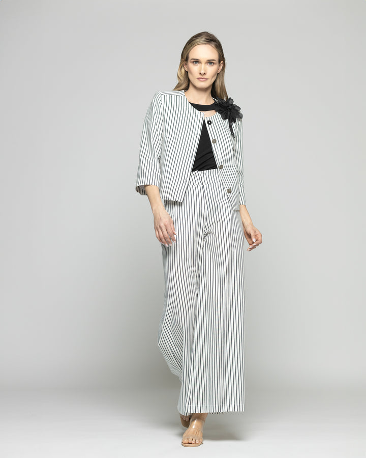 Blazer Mujer Liatris Corto Escote Redondo Algodón Manga 3/4 Rayas Negro Y Blanco Ludovica