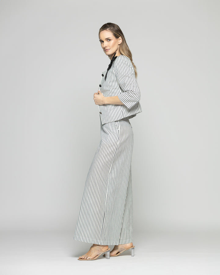 Blazer Mujer Liatris Corto Escote Redondo Algodón Manga 3/4 Rayas Negro Y Blanco Ludovica