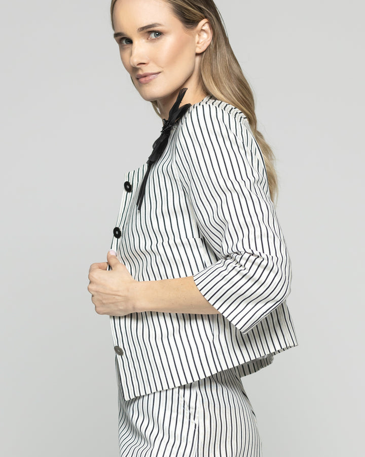 Blazer Mujer Liatris Corto Escote Redondo Algodón Manga 3/4 Rayas Negro Y Blanco Ludovica