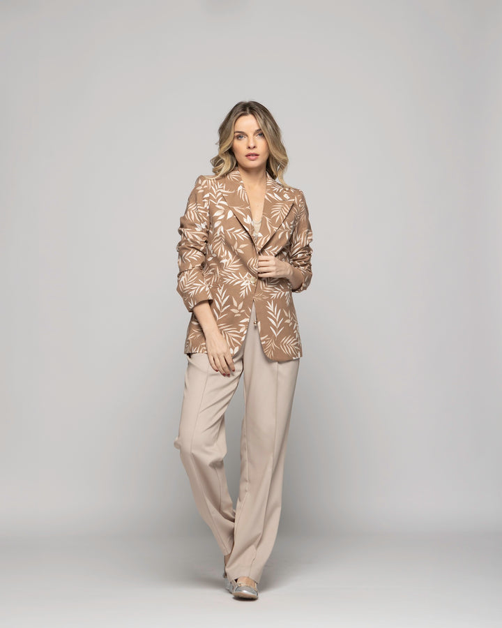 Blazer Mujer Magnolia Clásico Estampado Hojas Beige Ludovica