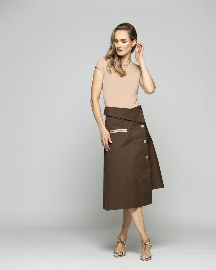 Falda Mujer Margarita Midi Asimétrica Con Botones Café Chocolate Ludovica
