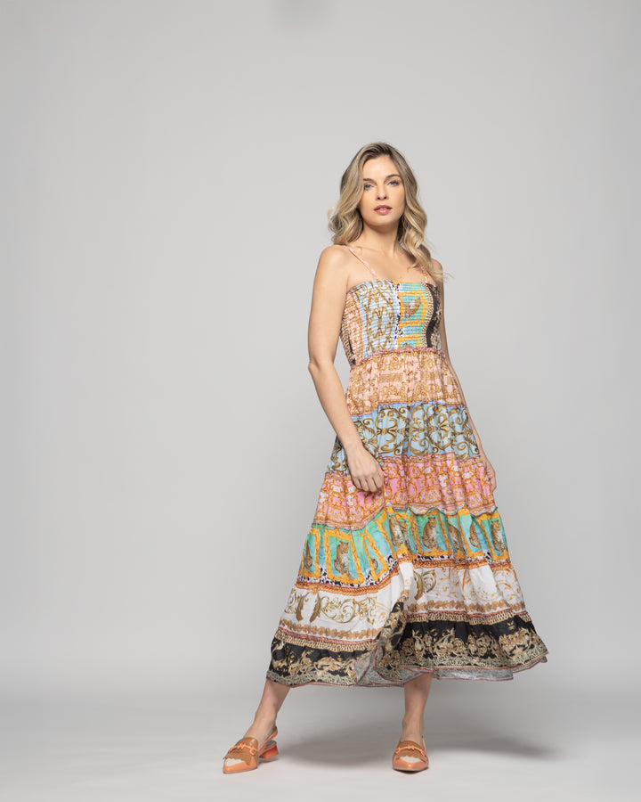 Falda Vestido Mujer Estampado Patchwork Bohemio Multicolor Kalmia